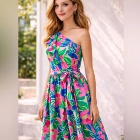 J. Crew One-Shoulder Floral Midi Dress in Pink, Green & Blue - Picture 2 of 4